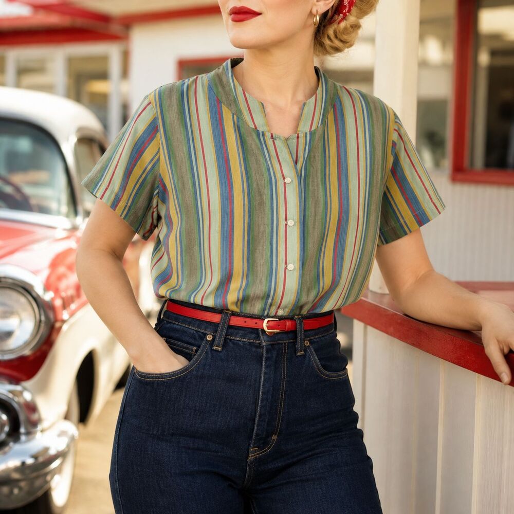 Vintage 1950s 60s Green Yellow Blue Red Striped Chiffon Blouse Pearl Buttons M/L